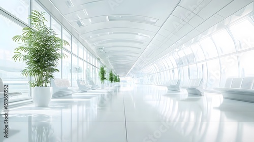 white glossy airport interior with decorative plants  futuristic look 