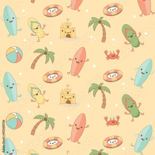 Cute Summer Beach Seamless Pattern – Kawaii Surfboards, Palm Trees & Crabs in Pastel Colors