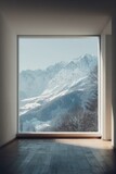 Big window in white room with beautiful snow mountain view