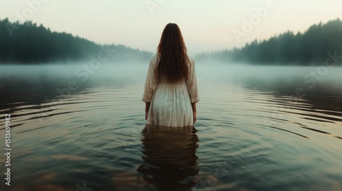 Fototapeta Naklejka Na Ścianę i Meble -  A tranquil scene captures a woman standing in a misty lake at dawn, perfectly blending nature's beauty with introspective emotion and calm surroundings.