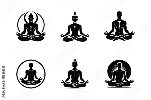 Silhouette Collection of Meditating Figures in Lotus Position, Spiritual and Mindfulness Concept Icons
