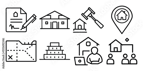 A vector illustration set features house icons, depicting real estate, residential homes, and architectural designs as simple symbols