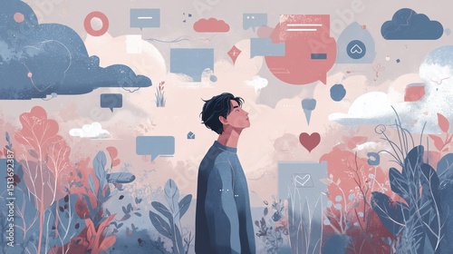 Gen Z individual in symbolic mental health environment and icons. Clouds represent vulnerability emotional depth plants in pastel. AI generated