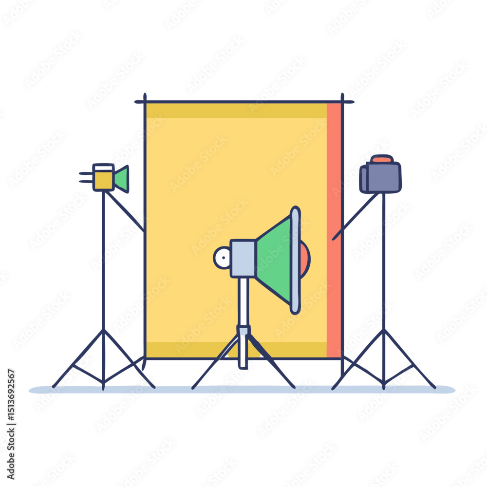 Stylized vector illustration of a photography studio setup with backdrop and lights