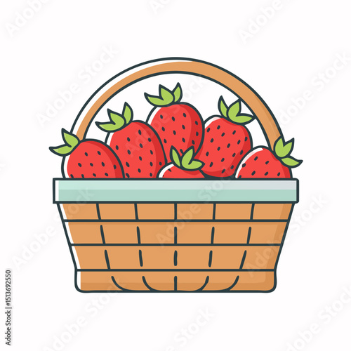 A delightful cartoon illustration of a basket overflowing with fresh strawberries