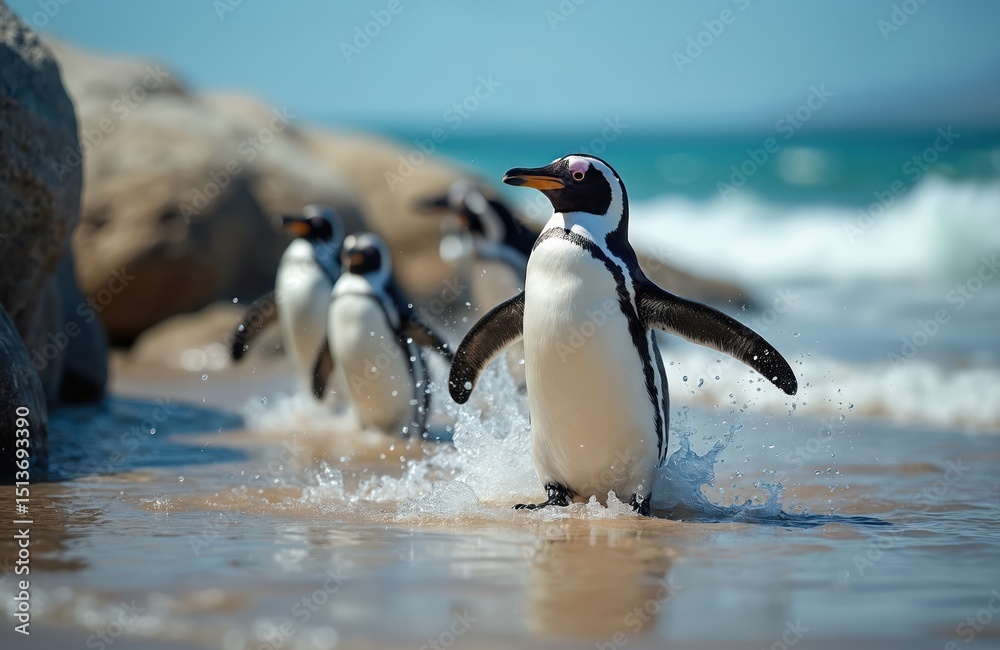 Naklejka premium Magellanic penguins emerge water. Group of black white birds walking, splashing at beach. Marine wildlife, coastal scene, South America. Colony wildlife scene, cute penguins on ocean coast. Summer