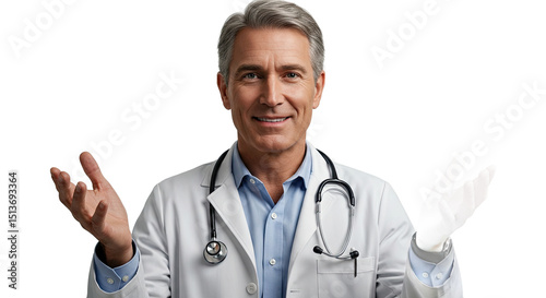 Smiling doctor with stethoscope gesturing with open hands against a dark background