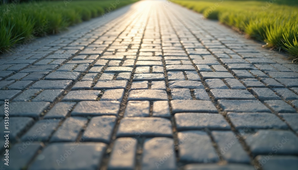 Fototapeta premium Paved road made concrete brick blocks, square texture. Exterior pavement pattern, blocks construction, urban background. Walkway path, grey tones, perspective, city. Nature meets architecture.