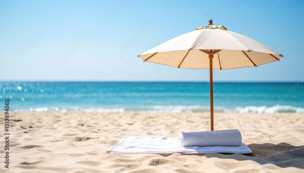 Fototapeta premium Beach scene featuring a sun umbrella and rolled towel on sandy shore with clear blue ocean in the background