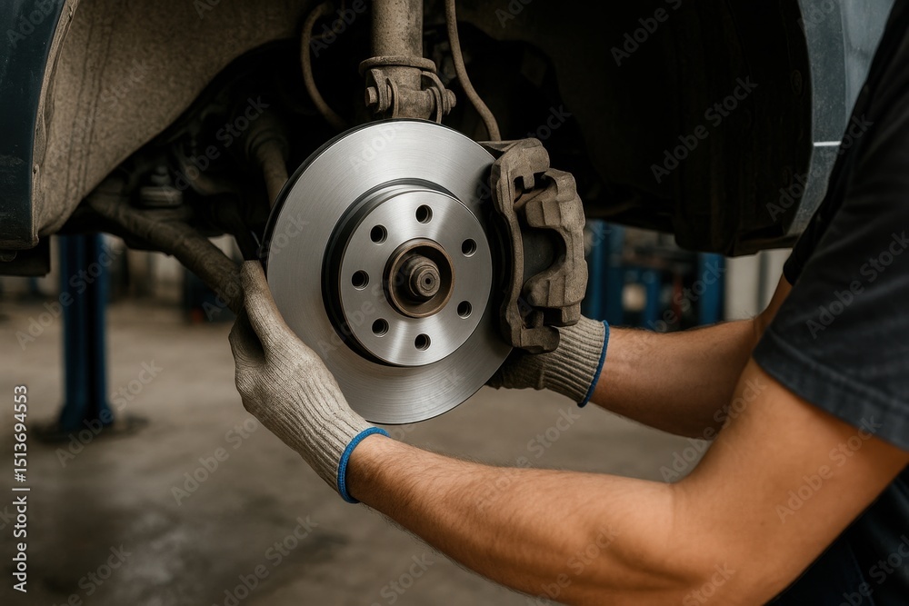 A mechanic works on a vehicle's brake system, carefully installing a new brake disc. The auto repair shop is well-lit, showcasing various tools and equipment in the background A mechanic works on a vehicle's brake system, carefully installing a new brake disc. The auto repair shop is well-lit, showcasing various tools and equipment in the background