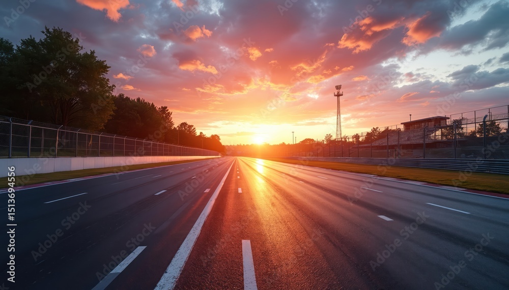 Fototapeta premium Race track with beautiful sunset. Asphalt road with dramatic sky and clouds in background. Transportation, vehicle speed, journey concepts. Road markings with white lines, racing circuit.