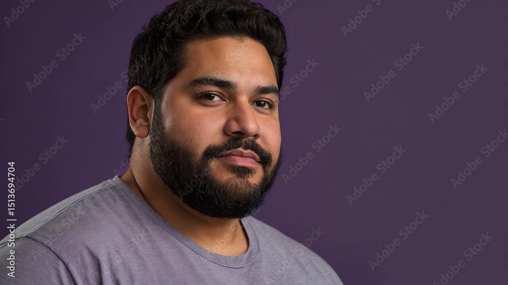 Fototapeta premium Plus size Hispanic man plain purple background, looking proud