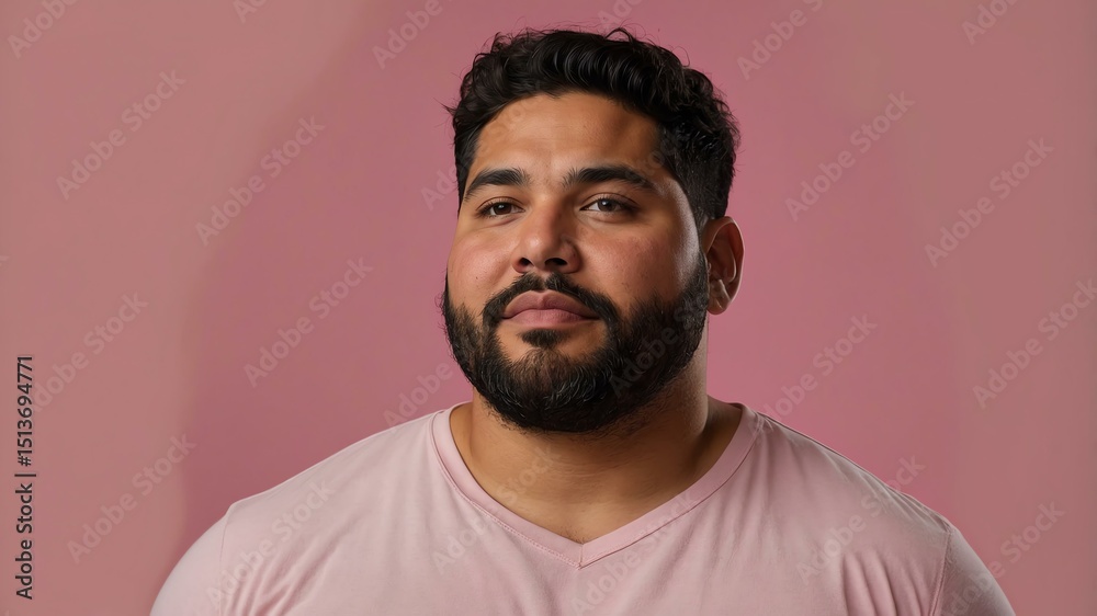 Fototapeta premium Plus size Hispanic man plain pink background, looking proud