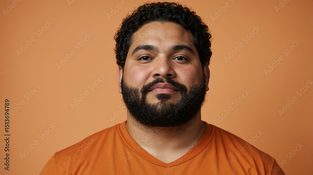 Fototapeta premium Plus size Hispanic man plain orange background, looking proud