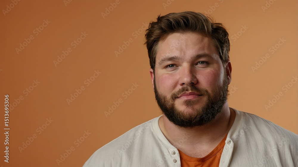 Fototapeta premium Plus size Caucasian man plain orange background, looking proud