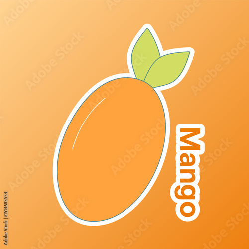 Minimal flat mango with thick outline and leaf on orange background. Best for fruit icon sets, healthy snack labels, or children’s learning visuals