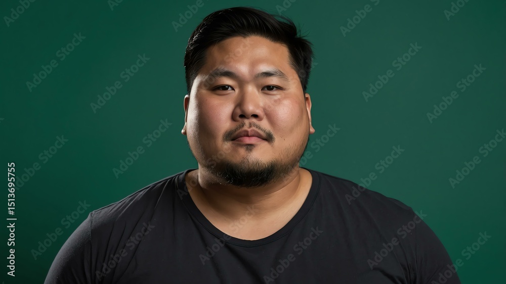 Fototapeta premium Plus size Asian man plain green background, looking proud
