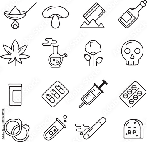 Abstract Red Background with Drug Awareness Icons - Dark Grunge Background – Stop Drugs Campaign Concept - Flat Style Background for Anti Drug Poster Design