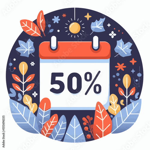 A calendar icon with "50%" surrounded by autumn leaves and a sun. Use this for seasonal sales, discounts, or promotions on websites/blogs.


