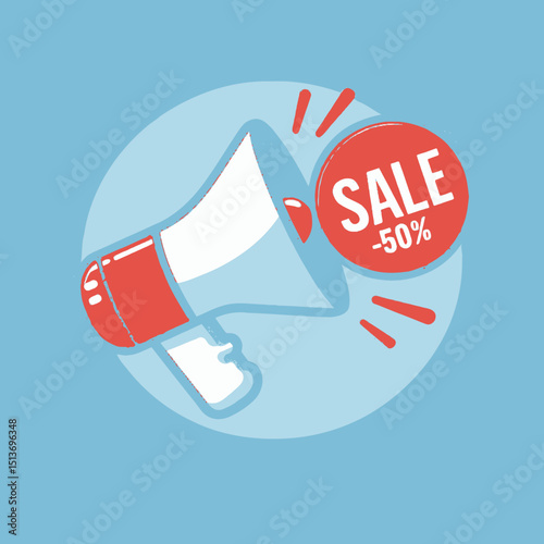 A megaphone with a "SALE -50%" tag on a light blue circle. Use this for announcing sales and promotions on websites/blogs.