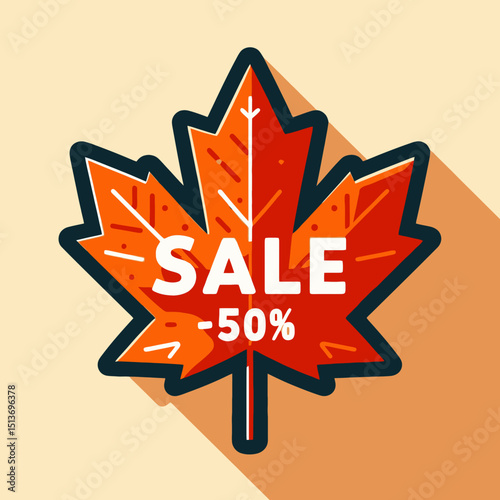 A vector maple leaf with "SALE -50%" text, casting a long shadow. Use this for autumn sales, Canadian themes, or discounts on websites/blogs.