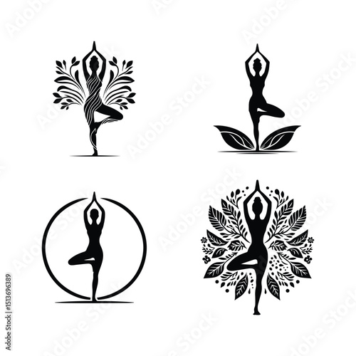 Set of black yoga silhouette illustrations of women in tree pose with floral and leaf decorative elements
