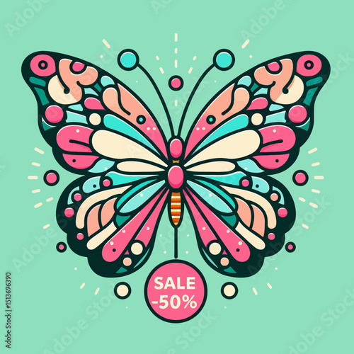 A colorful, stylized butterfly illustration with a "SALE -50%" tag. Use this for spring sales, nature promotions, or decorative elements on websites/blogs.