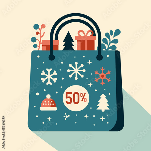 A shopping bag filled with Christmas items and a "50%" discount. Use this for Christmas shopping sales or holiday promotions on websites/blogs.
