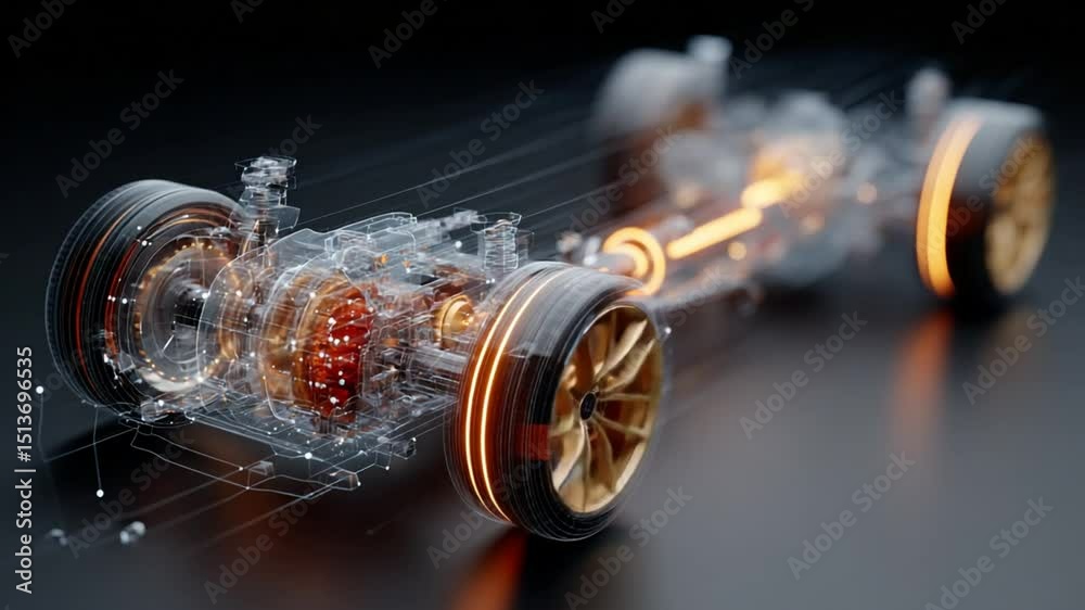 Advanced automotive chassis design with intricate details and glowing accents showcase innovation