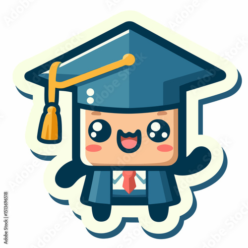 A kawaii cartoon graduate wearing a cap and gown, waving. Use this for graduation announcements, educational content, or cute designs on websites/blogs.