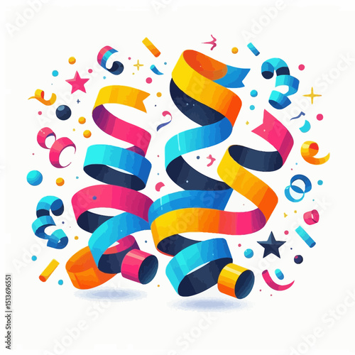 Vibrant, colorful party streamers and confetti burst across a white background, ideal for celebration, event, or holiday promotions on websites.