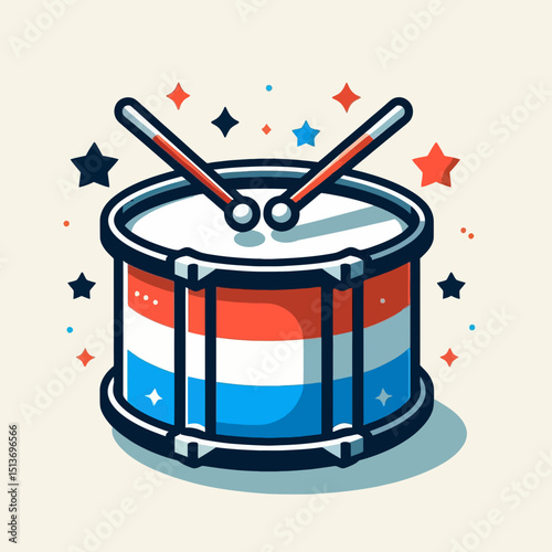 A cartoon snare drum with drumsticks, decorated in red, white, and blue with stars. Use this for music, parades, or patriotic themes on websites/blogs.