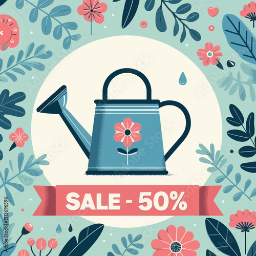 A charming watering can with "SALE - 50%" on a banner, framed by floral elements. Ideal for websites/blogs on gardening, sales, home goods, or seasonal promotions.