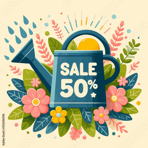 A watering can displaying "SALE 50%" surrounded by flowers and leaves, with raindrops above. Use for spring sale promotions, gardening discounts, or seasonal offers.