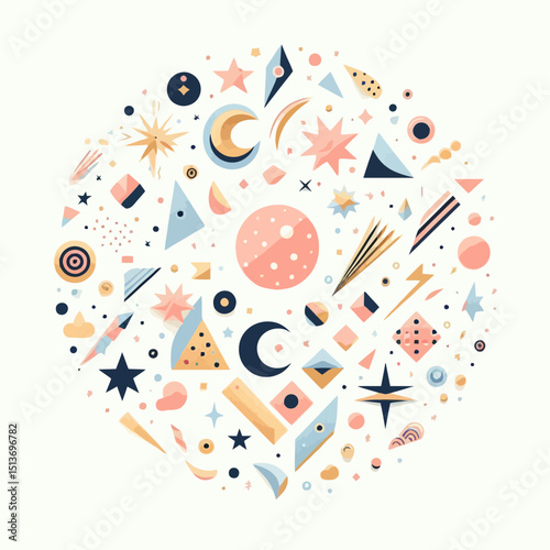 A circular arrangement of cute, stylized celestial bodies and geometric shapes. Use this for space, astronomy, or whimsical designs on websites/blogs.