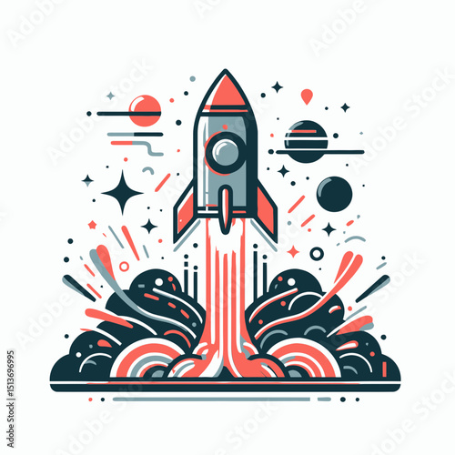 A rocket launching into space with planets and stars. Use for themes of technology, space exploration, or business startups.