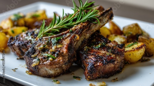 Juicy Grilled Lamb Chops with Crispy Roasted Potatoes Garnished with Fresh Rosemary and Herbs on a White Serving Plate for a Delicious Meat Dish photo