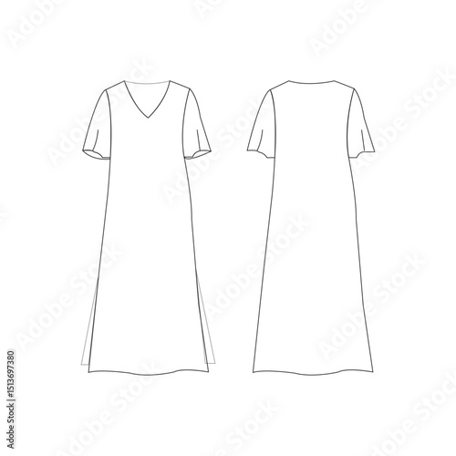 Slip Dress technical fashion illustration. Maxi Dress with Lace trim fashion flat technical drawing template, back zip-up, strap, front and back view, white, blue, women CAD mockup set.