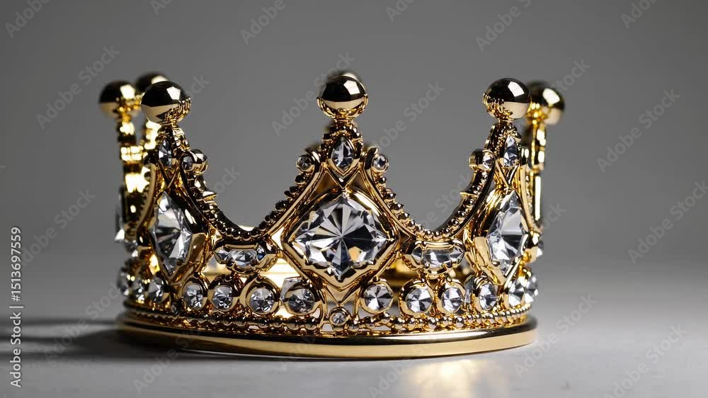 Rotating gold crown with diamonds on grey background