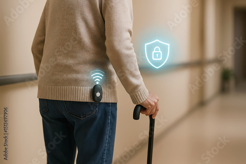 Elderly person walking with cane wearing smart hip safety sensor for fall detection assistance