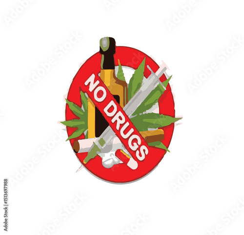 PSay No to Drugs Vector Illustration – Anti Drug Campaign Concept - Anti Drug Awareness Poster – Flat Design Vector Style - Stop Drugs Icon Set – Flat Vector Symbols of Prohibited Substances