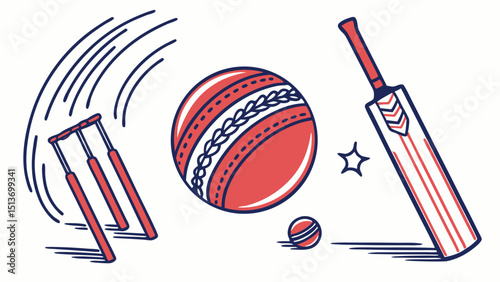 Cricket Line Art – Batsman, Bowler, Ball, Stumps, Game Moments