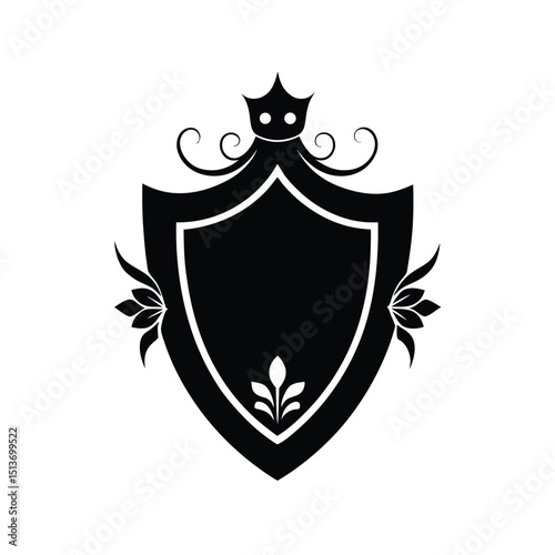 Elegant black and white heraldic shield design with crown flourishes and decorative elements