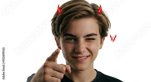 Smiling young man winking and pointing with red devil horns on a black background