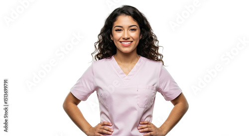 Smiling young woman in pink scrubs poses confidently with hands on hips