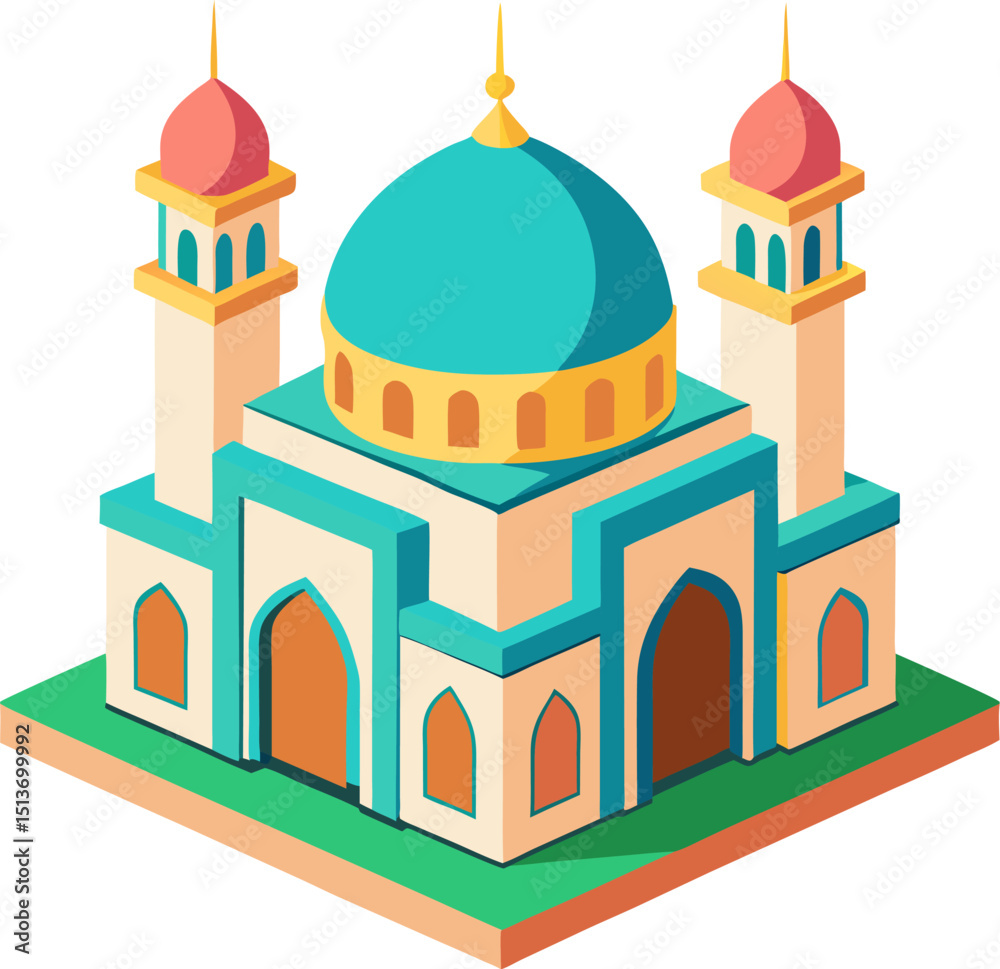 Fototapeta premium Classic dome mosque in clean cartoon vector with arches and tower