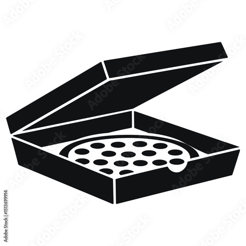 pizza delivery box, this black and white graphic depicts an open pizza box, showcasing a pizza within.