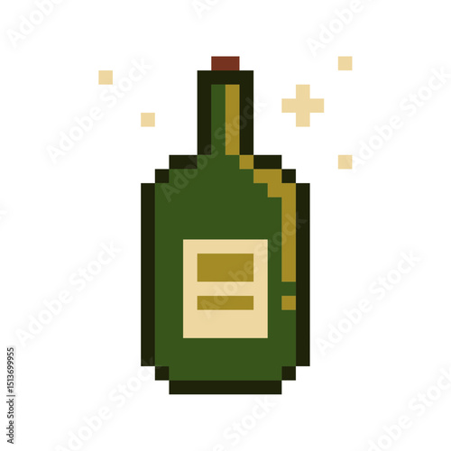 Green Vintage Style Liquor Bottle, Pixel Art Icon, Isolated
