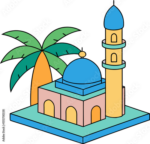 Islamic mosque vector with tall minarets and pastel cartoon palette
