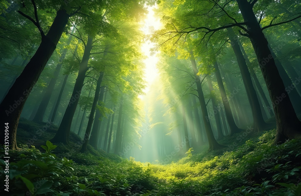 Obraz premium Sunlight filters dense foliage, trees. Green forest landscape, wood with rich vegetation, plants, botany. Nature scenery in woodland, jungle. Environment friendly background.